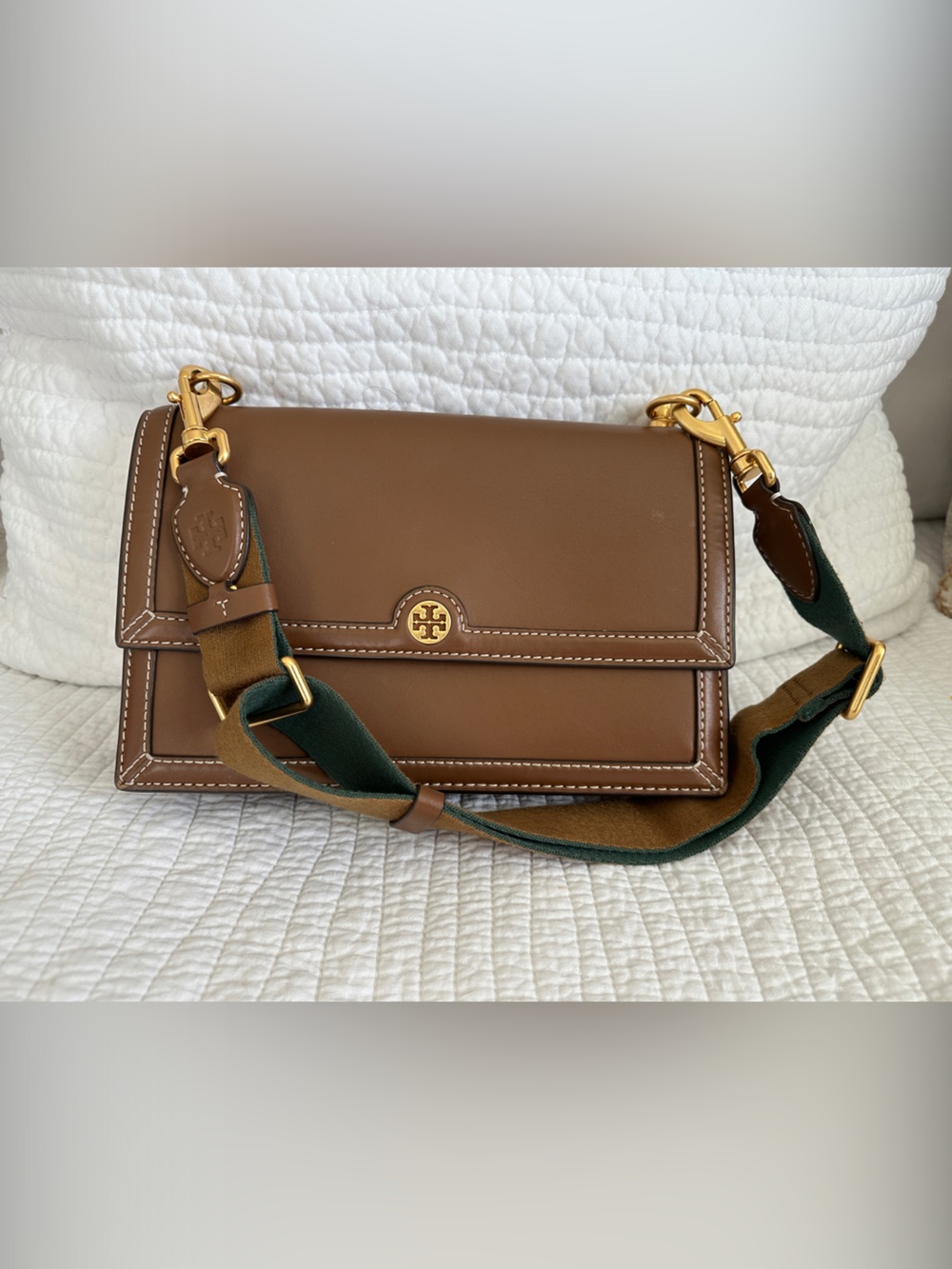 Tory Burch Chestnut Leather Convertible Messenger with Green Strap
